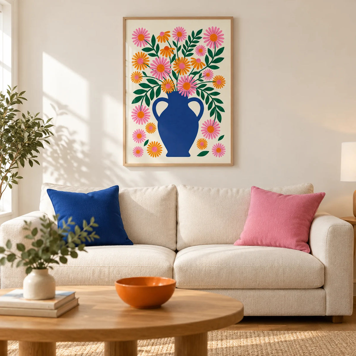 Vase Art Print, framed on the wall of a bright modern living room in a UK first flat with warm white walls and an oak floor