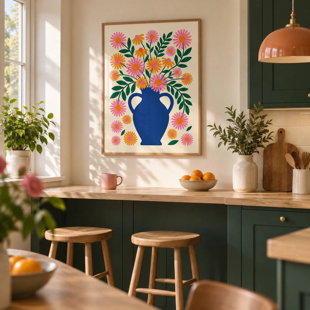 Vase Art Print, framed on the wall of a cheerful modern kitchen in a compact UK home with dark green cabinets