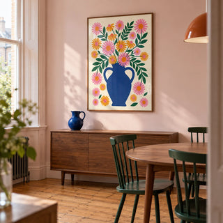 Vase Art Print, framed on the wall of a contemporary dining room in a Victorian terrace with pale pink walls and timber floorboards