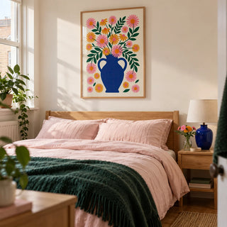 Vase Art Print, framed on the wall of a fresh modern bedroom in a UK terraced home with warm white walls