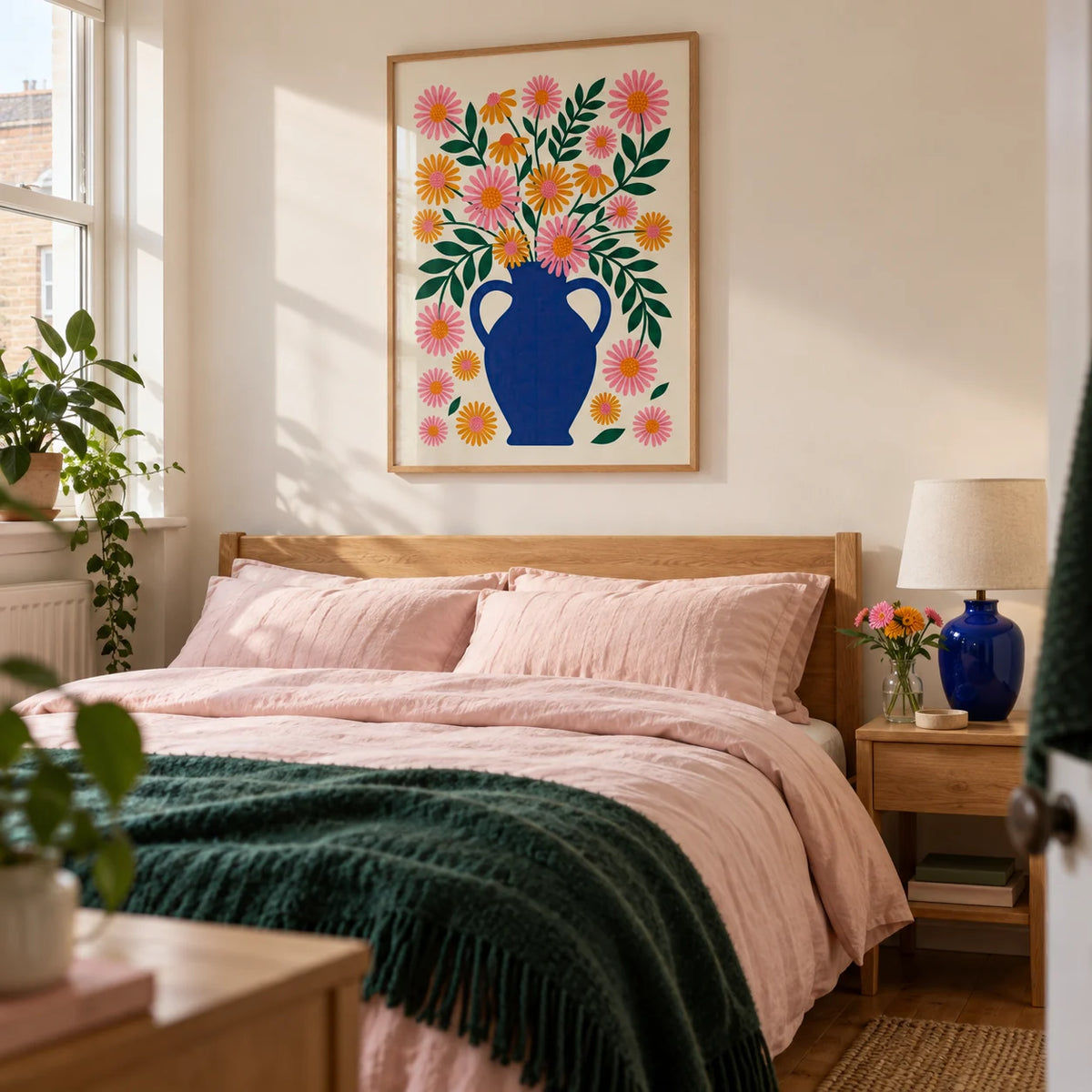 Vase Art Print, framed on the wall of a fresh modern bedroom in a UK terraced home with warm white walls