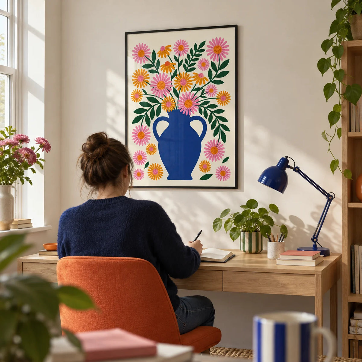 Vase Art Print, framed on the wall of a light home study in a design-led UK flat with an off-white wall and a plain orange desk chair