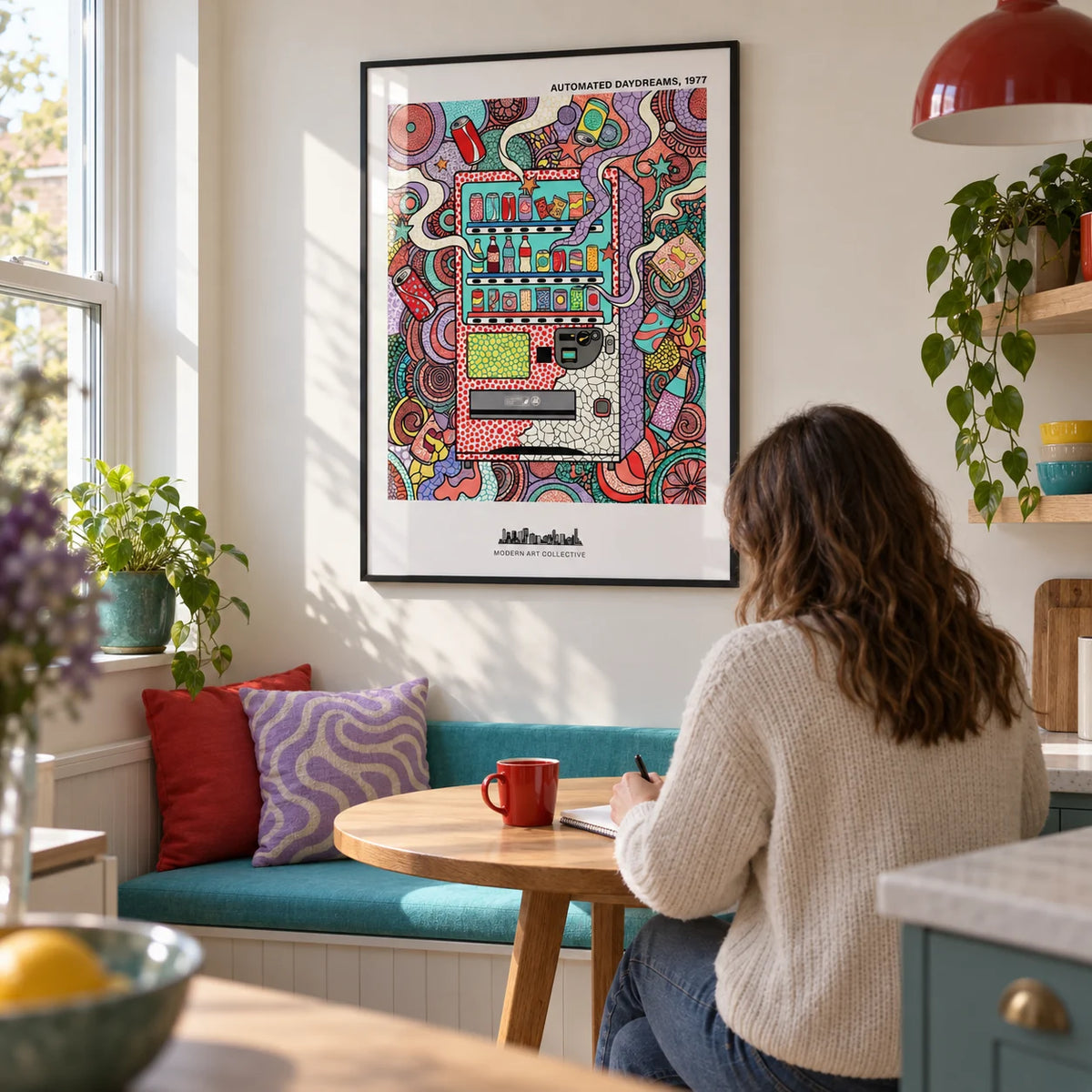 Vending Machine Art Print, framed on the wall of a bright kitchen breakfast nook in a modern UK flat with an off-white wall