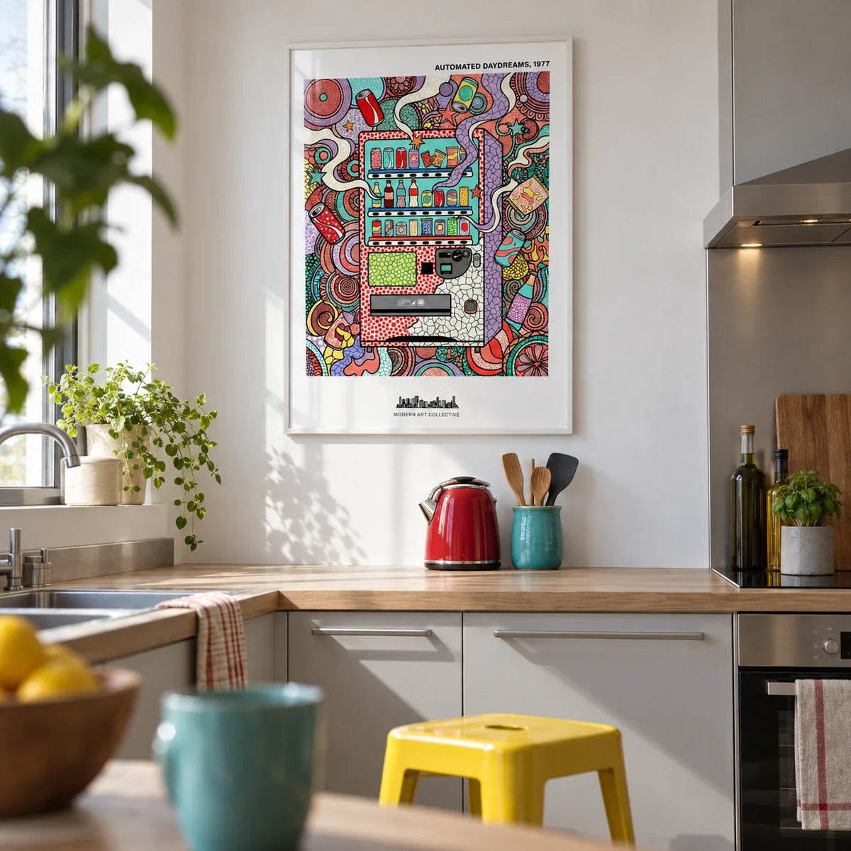 Vending Machine Art Print, framed on the wall of a compact contemporary kitchen in a first flat (22-28) with plain white walls