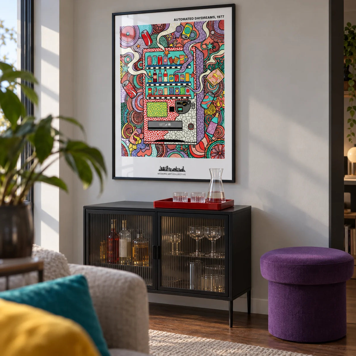 Vending Machine Art Print, framed on the wall of a compact home bar corner within a modern living room with a pale grey wall and walnut flooring