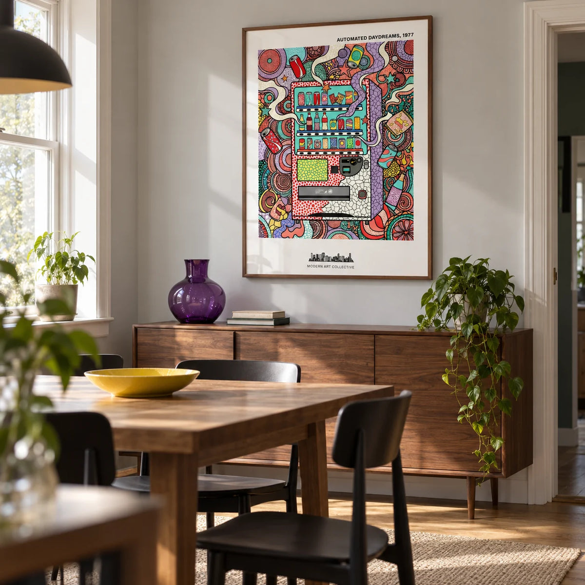 Vending Machine Art Print, framed on the wall of a design-led dining room in a UK terraced house with pale grey walls and an oak floor