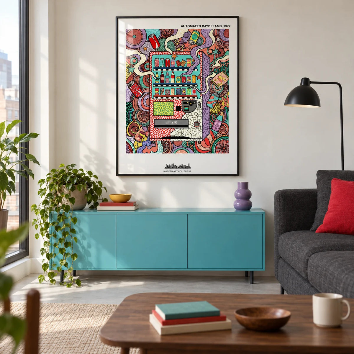 Vending Machine Art Print, framed on the wall of a modern living room in a UK city flat with warm white walls and a pale concrete floor