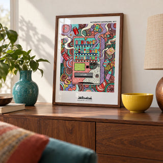 Vending Machine Art Print, a small A4 framed print leaning on a walnut sideboard in a living room