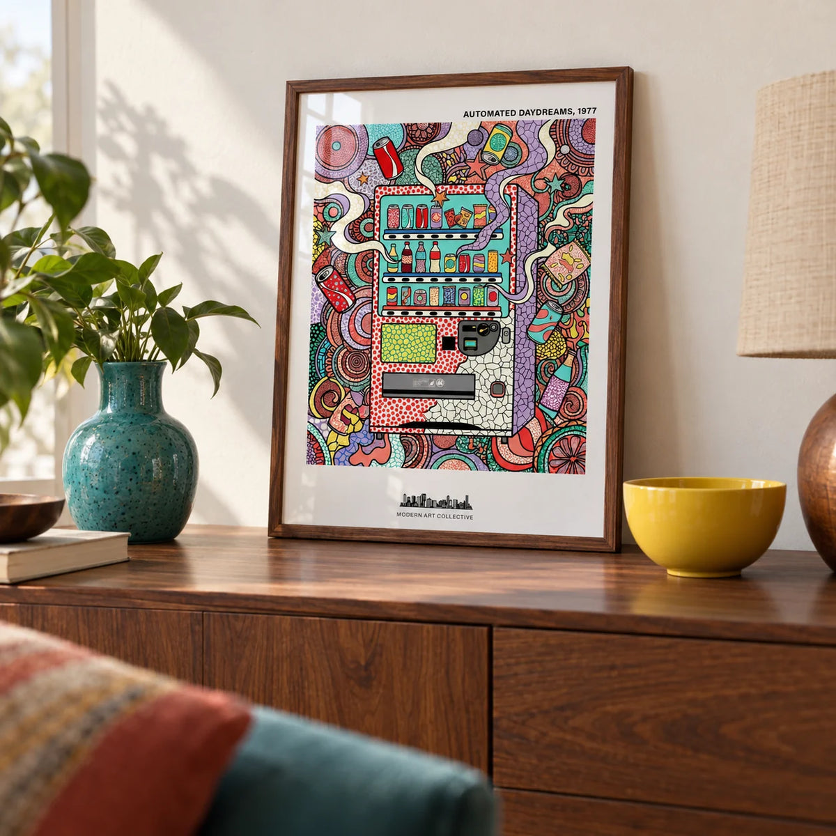 Vending Machine Art Print, a small A4 framed print leaning on a walnut sideboard in a living room