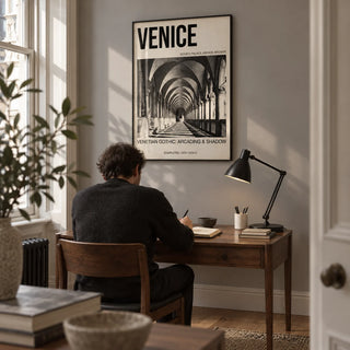 Venetian Gothic Wall Art, framed on the wall of a quiet home study for an architecture enthusiast in a period maisonette with a soft grey wall and oak floorboards