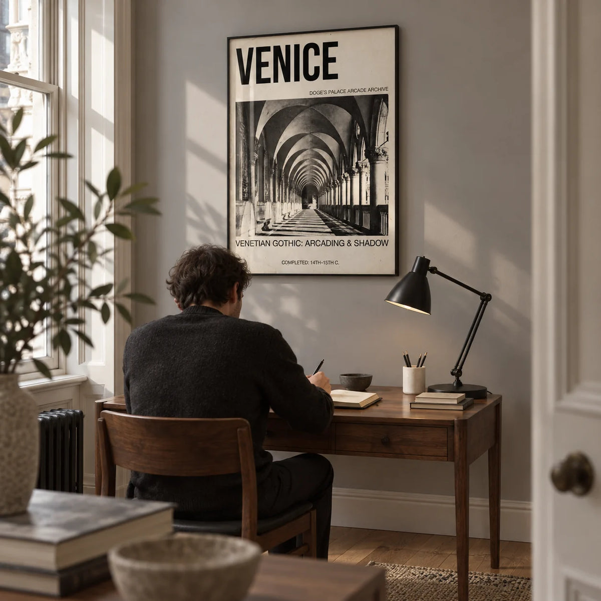 Venetian Gothic Wall Art, framed on the wall of a quiet home study for an architecture enthusiast in a period maisonette with a soft grey wall and oak floorboards