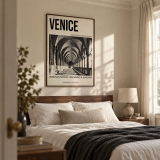 Venetian Gothic Wall Art, framed on the wall of a restrained bedroom in a renovated Georgian flat with warm ivory walls and original cornicing