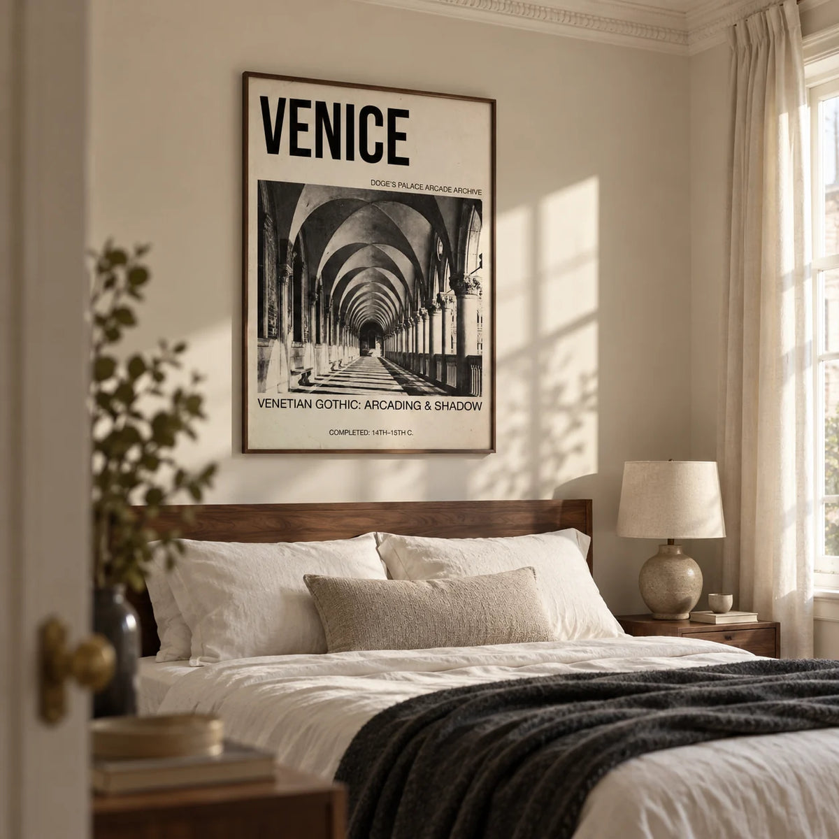 Venetian Gothic Wall Art, framed on the wall of a restrained bedroom in a renovated Georgian flat with warm ivory walls and original cornicing