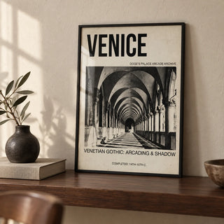 Venetian Gothic Wall Art, a small A4 framed print leaning on a walnut shelf in a living room