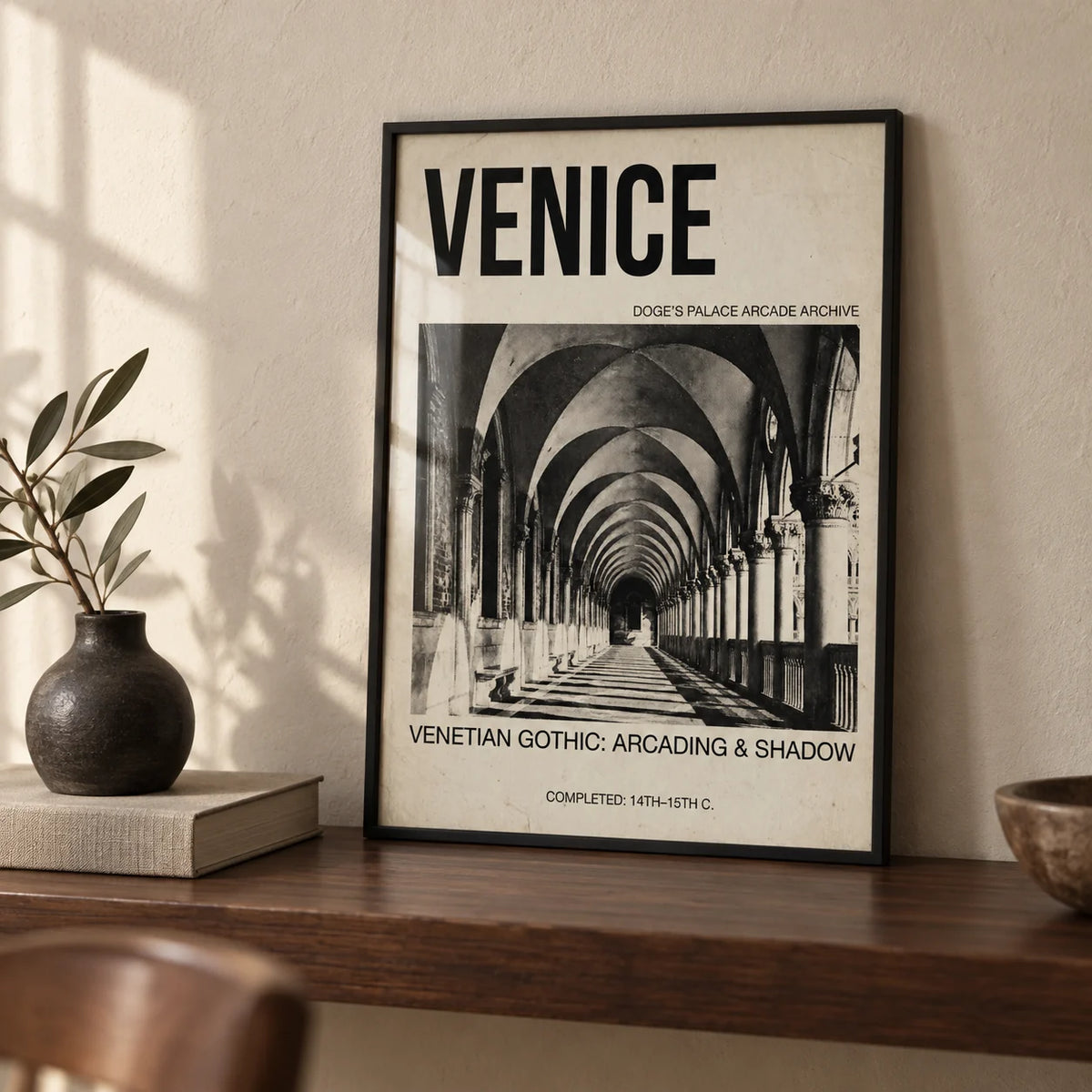 Venetian Gothic Wall Art, a small A4 framed print leaning on a walnut shelf in a living room
