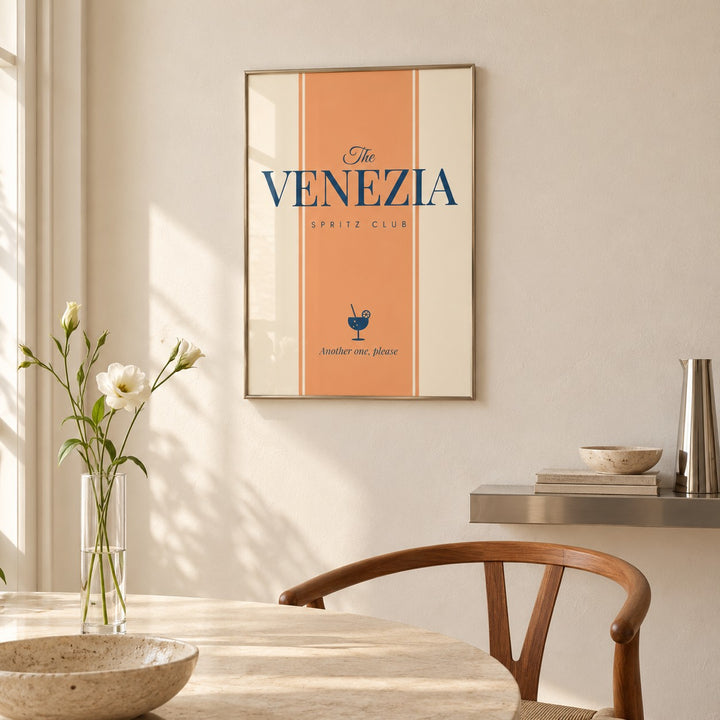 Venezia Print hung above a round dining table in a calm dining room (frame not included)