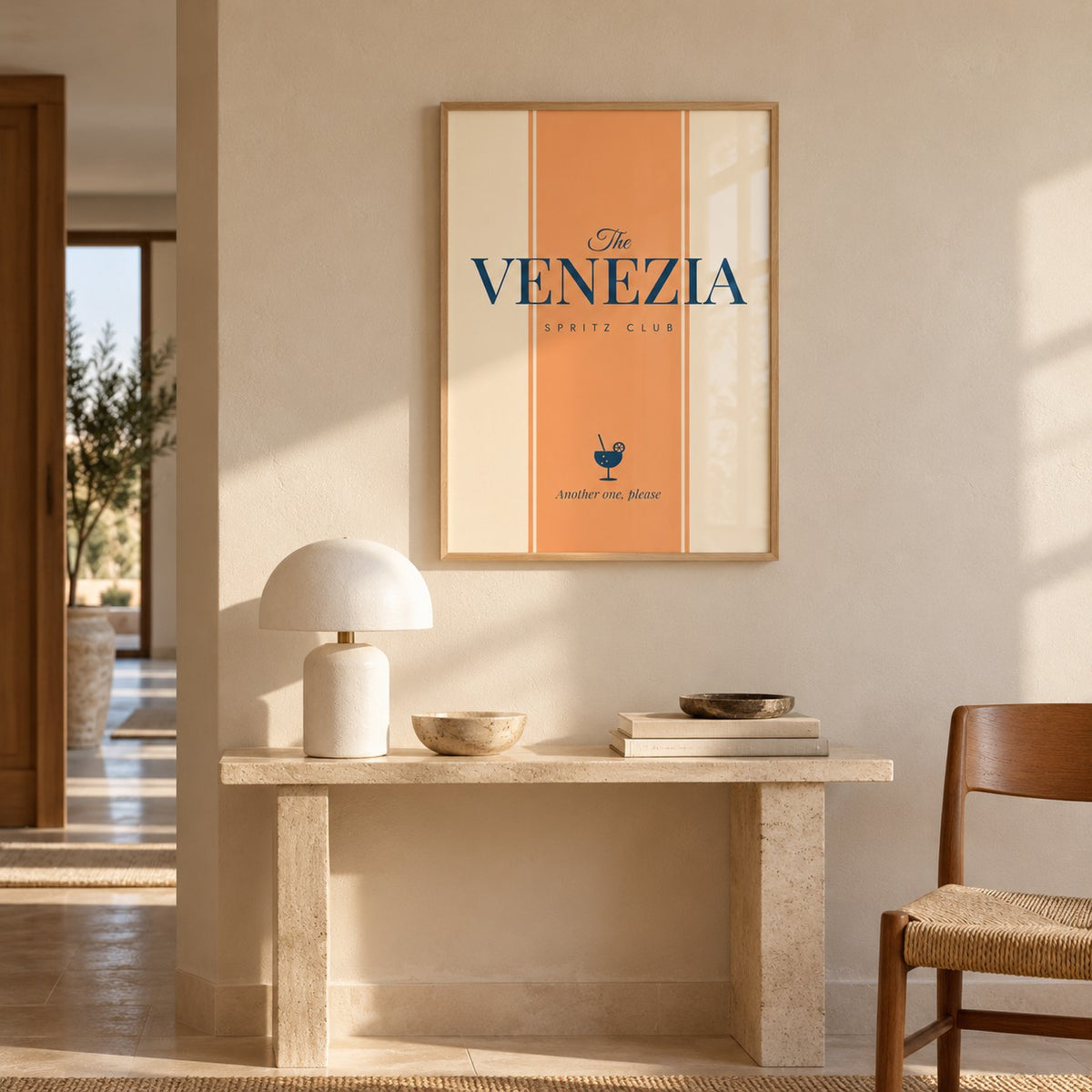 Venezia Print hung above a stone console table in a hallway (frame not included)