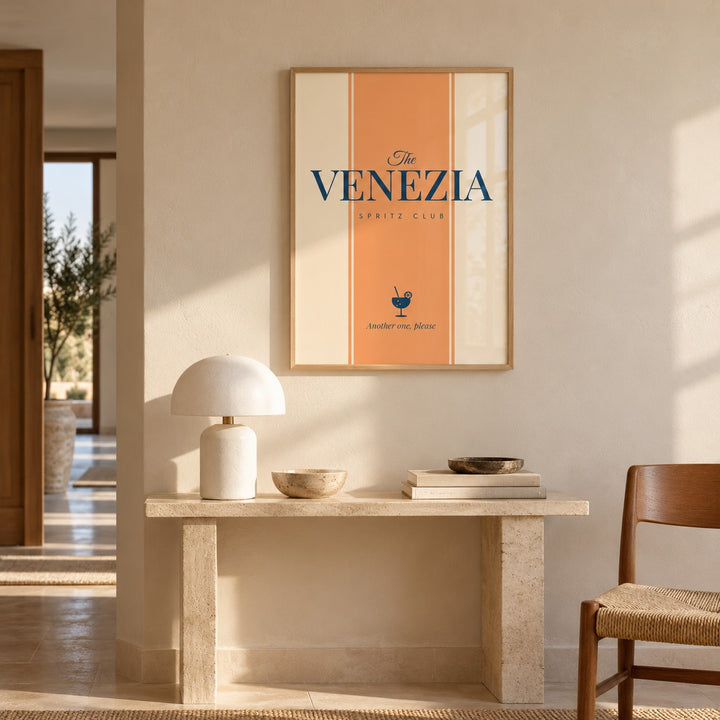 Venezia Print hung above a stone console table in a hallway (frame not included)