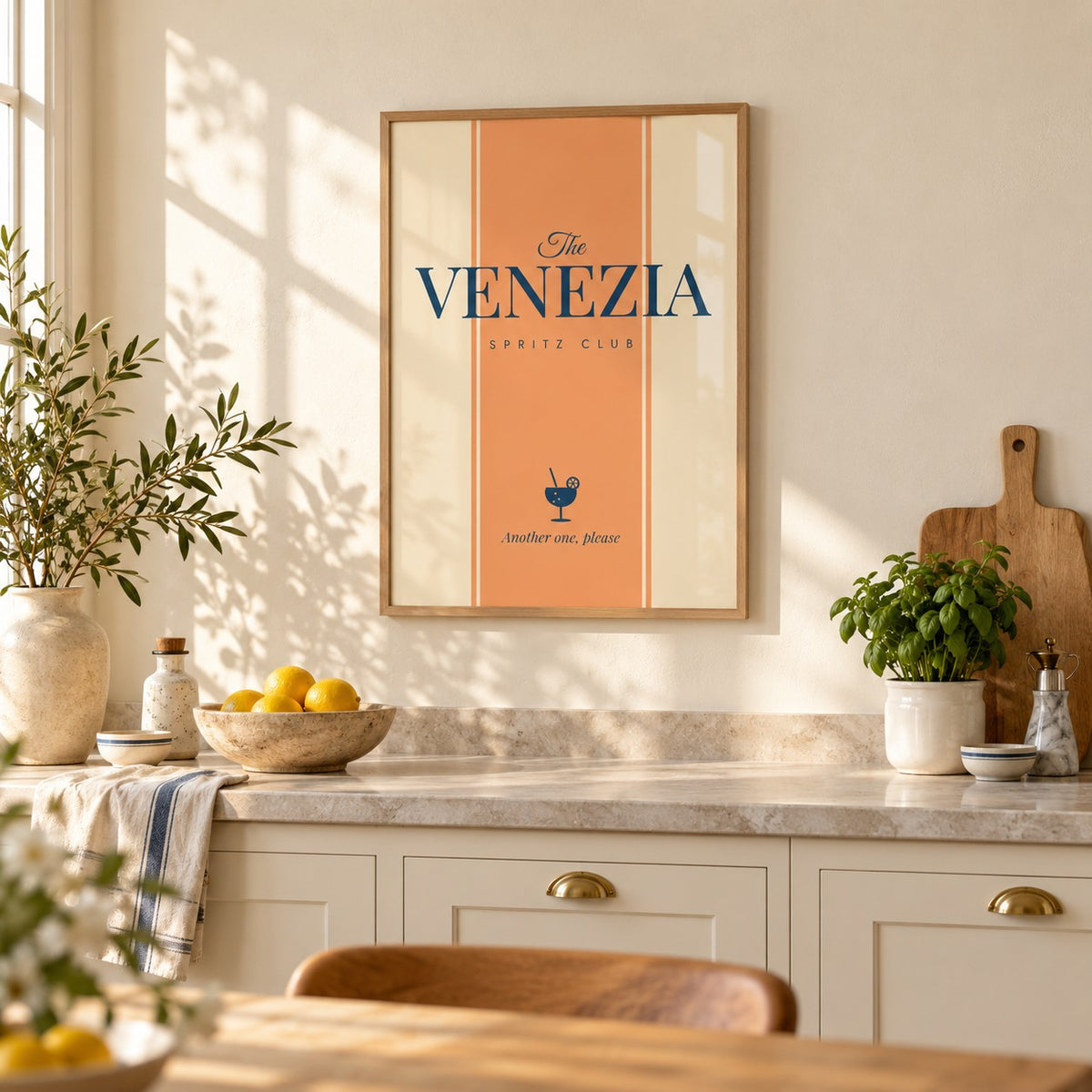 Venezia Print hung above the worktop in a sunny kitchen (frame not included)