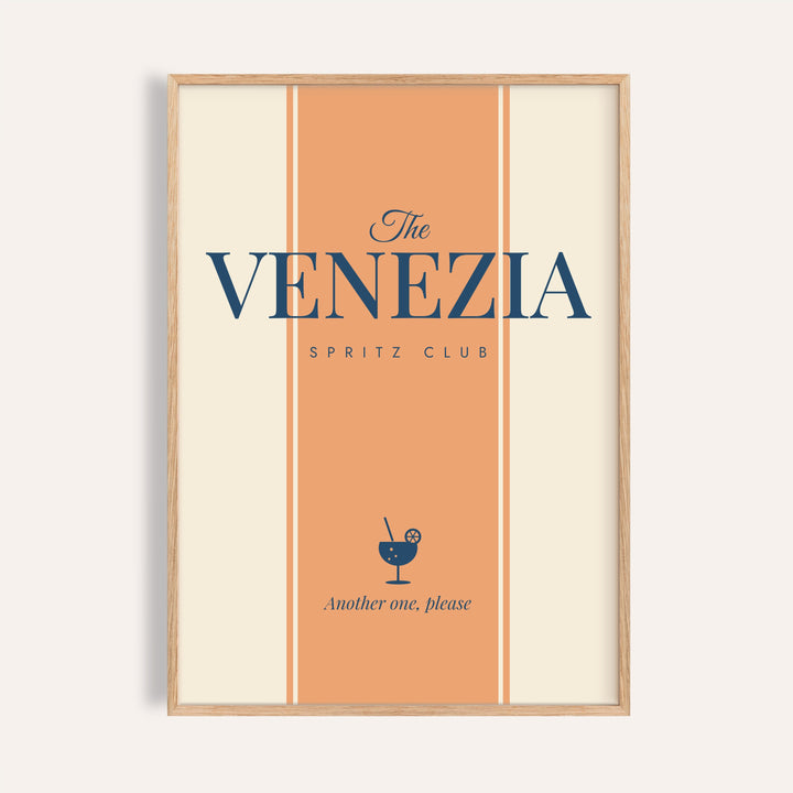 Venezia print of The Venezia Spritz Club, spritz orange panel and navy glass