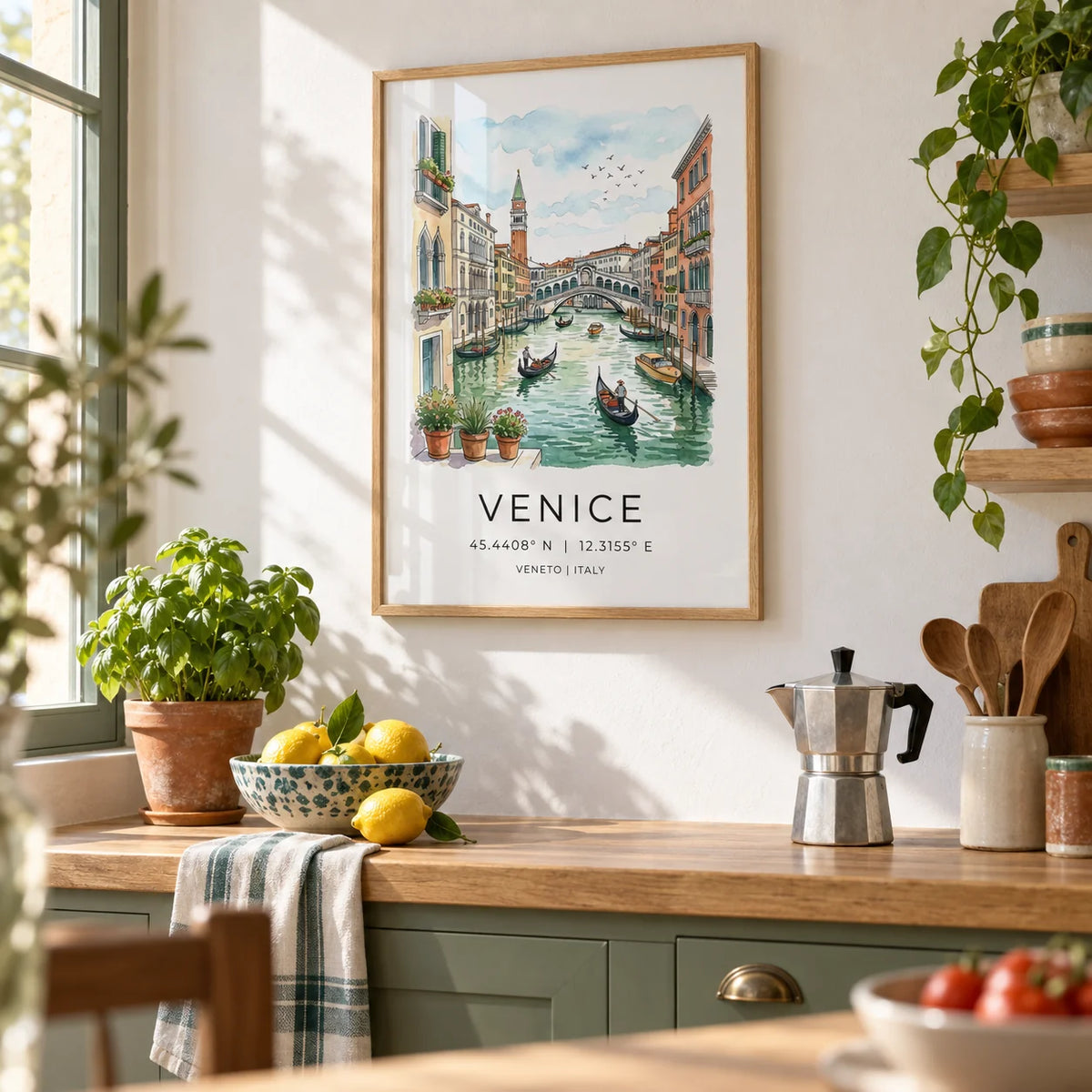 Venice Canal Art Print, framed on the wall of a bright Italian-style kitchen with a white wall