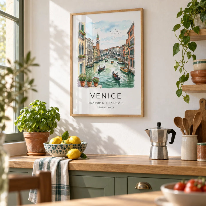 Venice Canal Art Print, framed on the wall of a bright Italian-style kitchen with a white wall