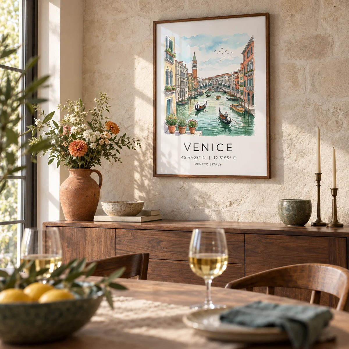 Venice Canal Art Print, framed on the wall of a classic dining room with a soft stone wall