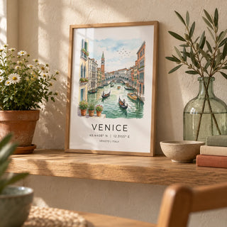 Venice Canal Art Print, a small A4 framed print leaning on an oak shelf in a living room