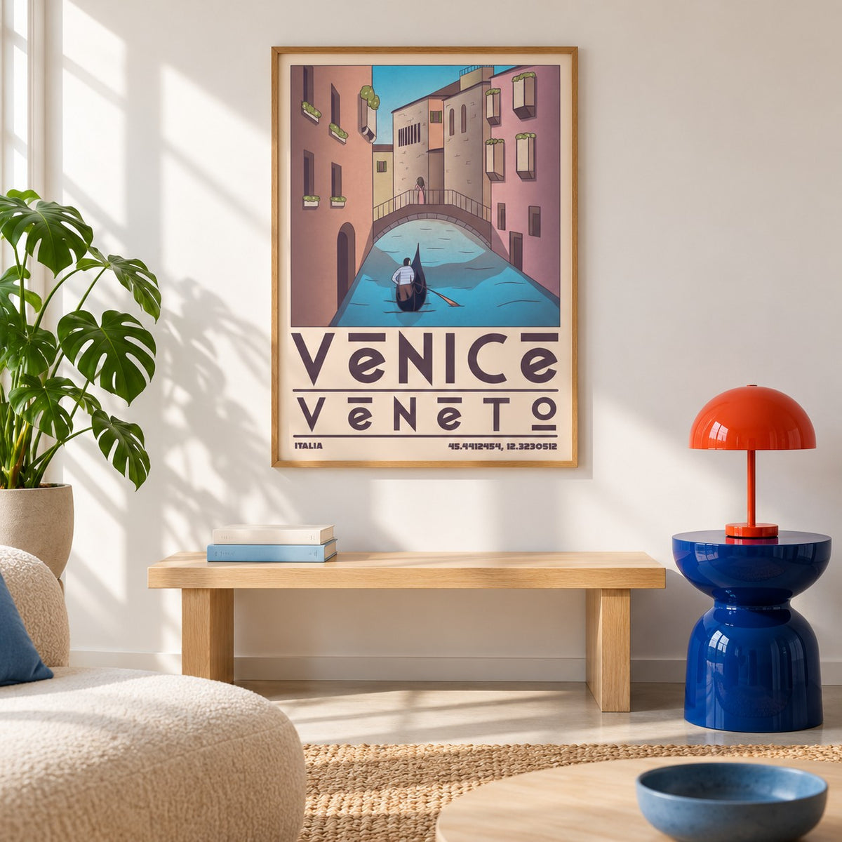 Venice Travel Poster shown in a colourful minimalist living room with a bench (frame not included)