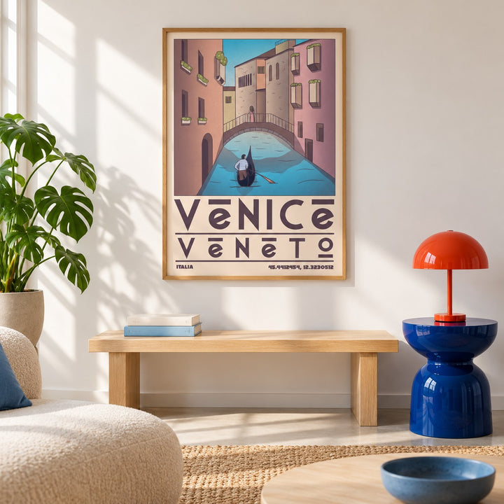 Venice Travel Poster shown in a colourful minimalist living room with a bench (frame not included)