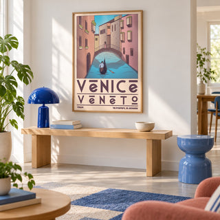 Venice Travel Poster shown in a minimalist living room with an oak console (frame not included)