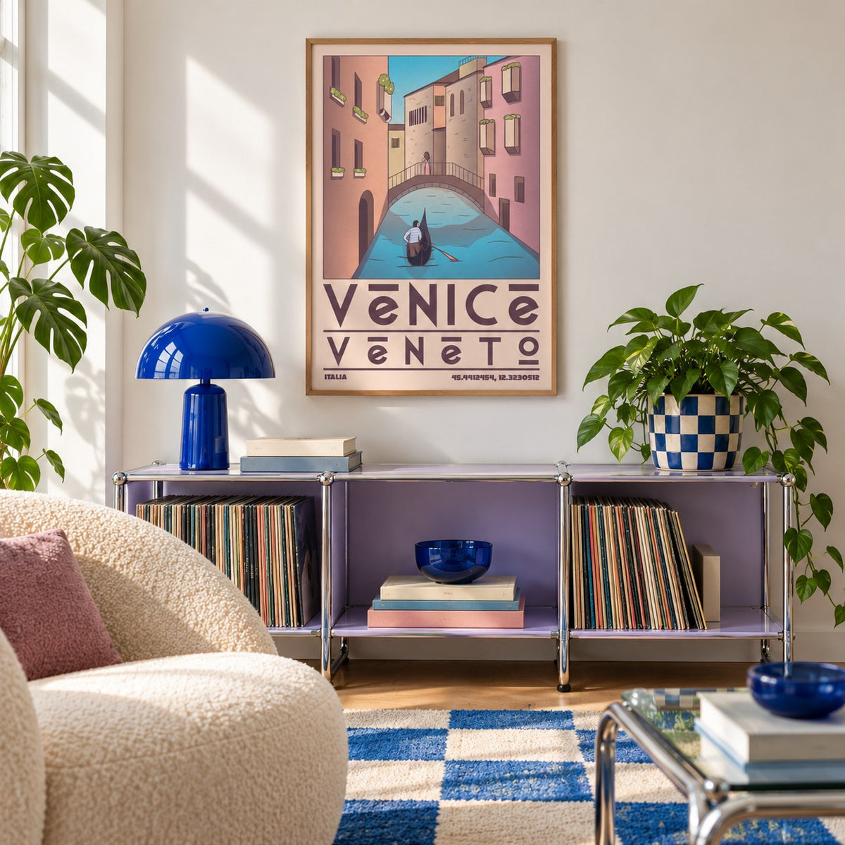 Venice Travel Poster shown in a playful living room with a modular console (frame not included)