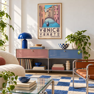 Venice Travel Poster shown in a retro lounge corner (frame not included)