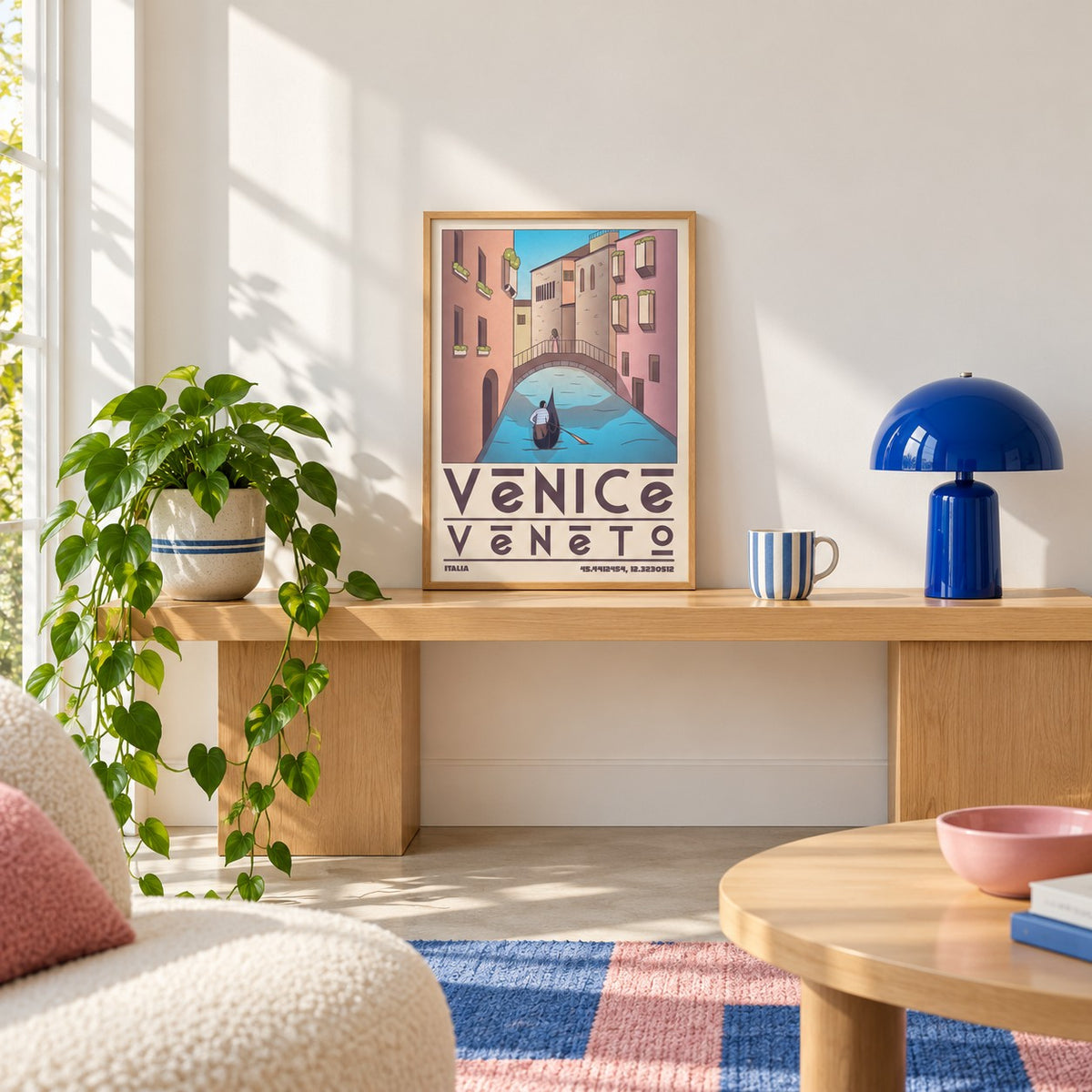 Venice Travel Poster shown in the small A4 size on a styled console (frame not included)