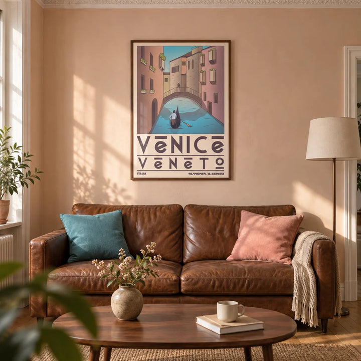 Venice Travel Poster, framed on the wall of a warm living room in a Victorian terrace with pale peach plaster walls