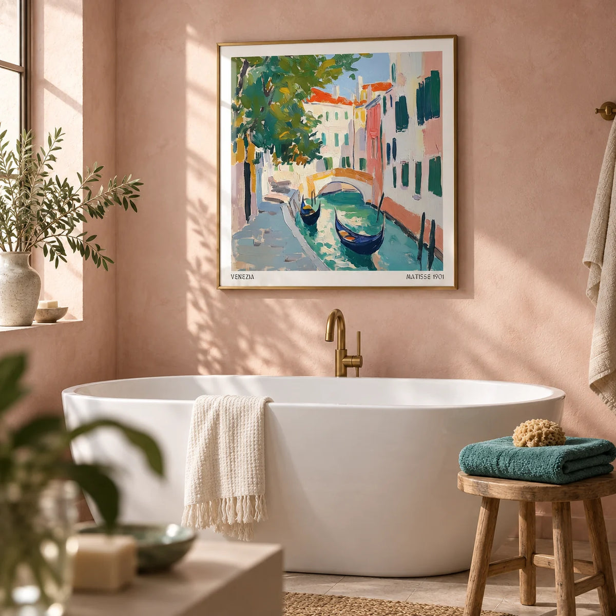 Venice Wall Art, framed on the wall of a calm bathroom with pale pink plaster walls
