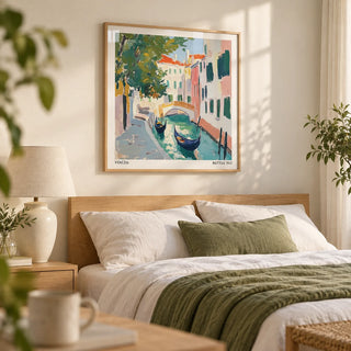 Venice Wall Art, framed on the wall of a calm bedroom with a warm white wall