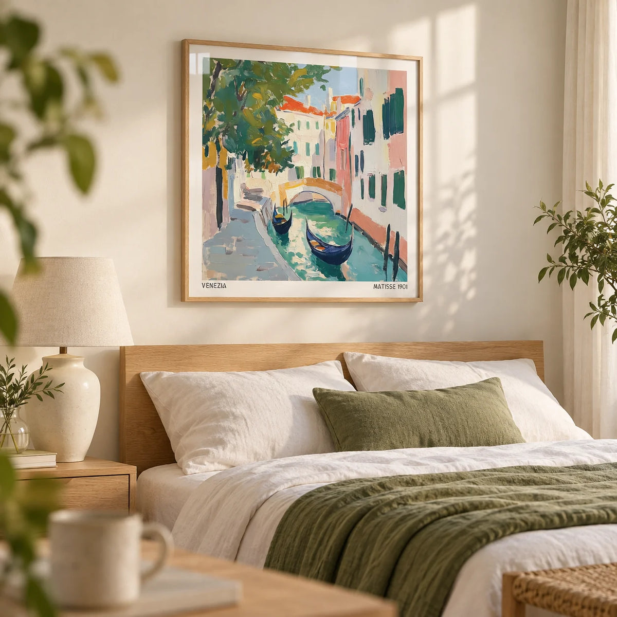 Venice Wall Art, framed on the wall of a calm bedroom with a warm white wall