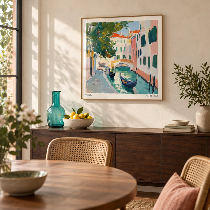 Venice Wall Art, framed on the wall of a dining room with a soft cream plaster wall