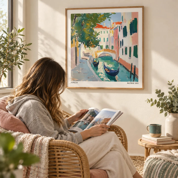 Venice Wall Art, framed on the wall of a sunny reading corner with a cream wall in a living room