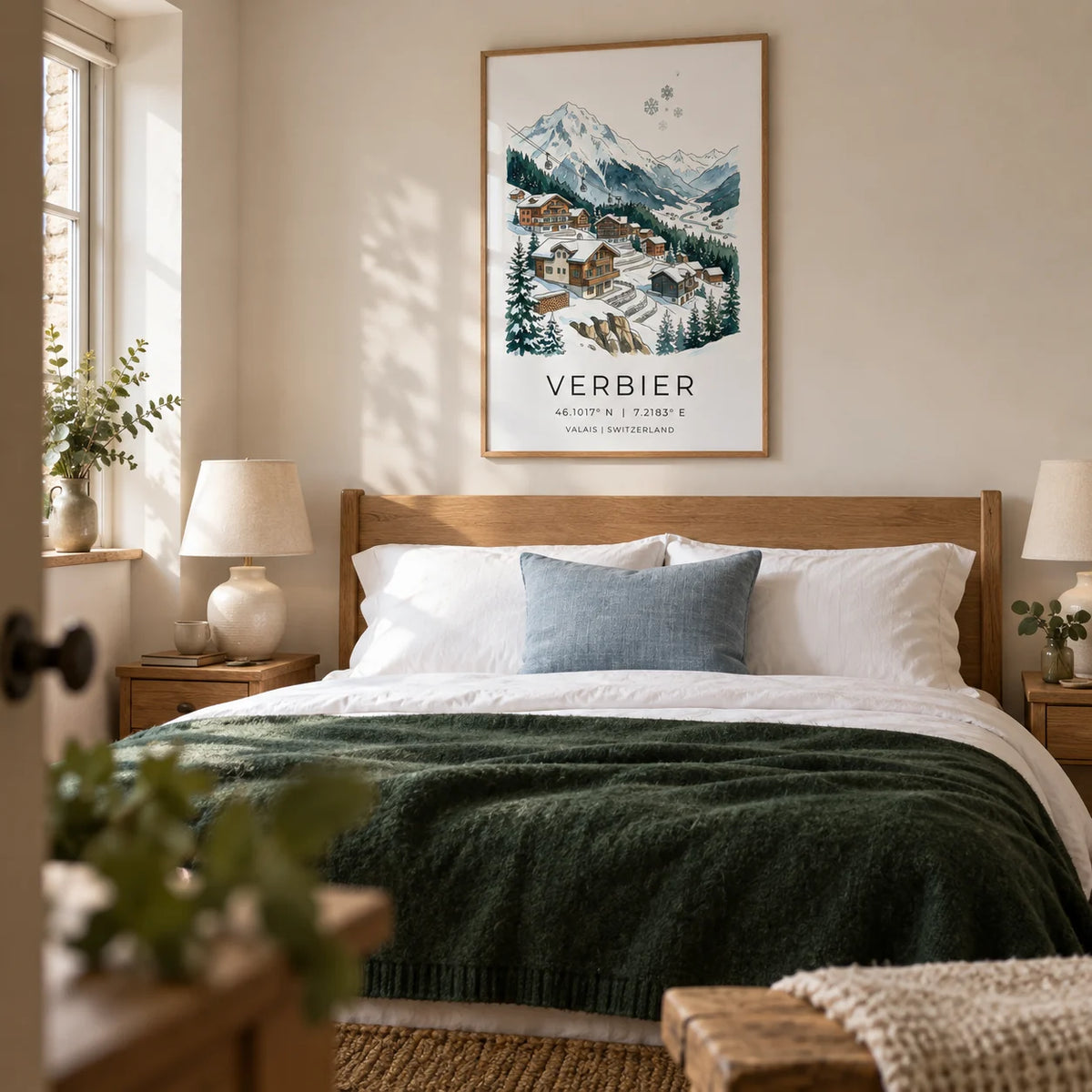 Verbier Mountain Wall Art, framed on the wall of a calm guest bedroom in a UK cottage with a warm white wall and a simple oak headboard