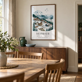 Verbier Mountain Wall Art, framed on the wall of a relaxed dining room in a UK family home with soft ivory plaster walls