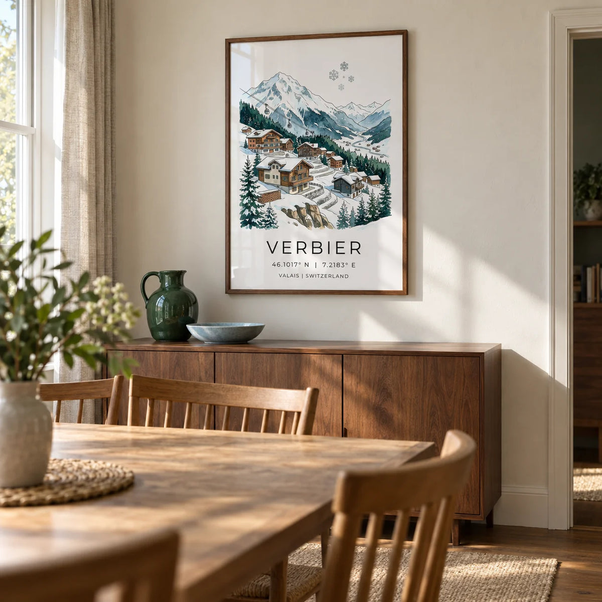 Verbier Mountain Wall Art, framed on the wall of a relaxed dining room in a UK family home with soft ivory plaster walls