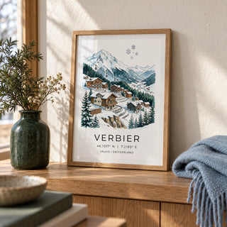 Verbier Mountain Wall Art, a small A4 framed print leaning on an oak shelf in a living room