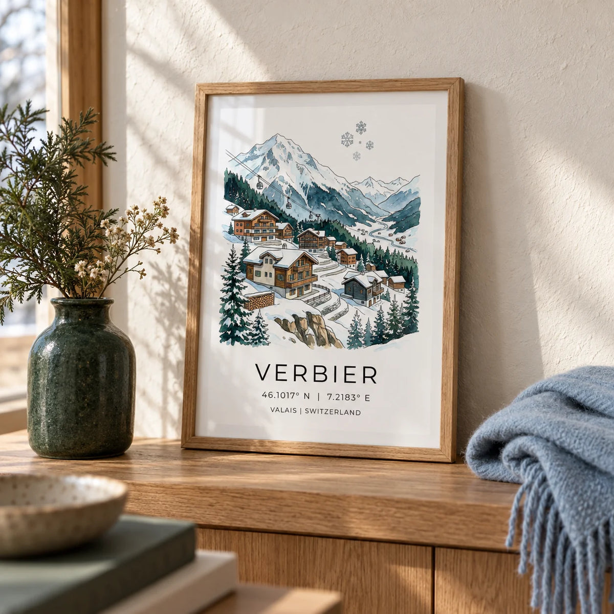 Verbier Mountain Wall Art, a small A4 framed print leaning on an oak shelf in a living room