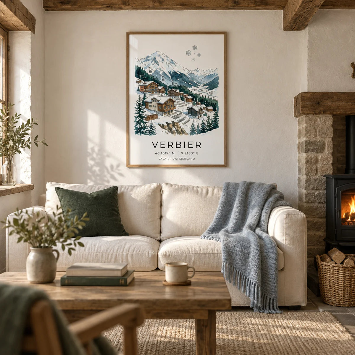 Verbier Mountain Wall Art, framed on the wall of a warm living room in a UK stone cottage with chalk-white plaster walls
