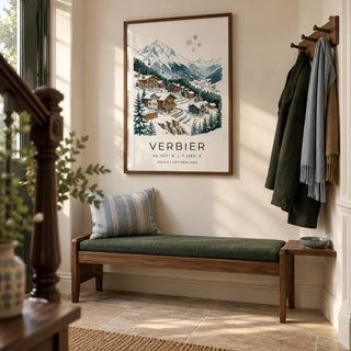 Verbier Mountain Wall Art, framed on the wall of a welcoming hallway in a Victorian terrace with a warm white wall and plain limestone floor