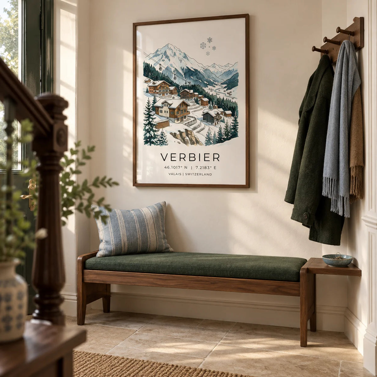 Verbier Mountain Wall Art, framed on the wall of a welcoming hallway in a Victorian terrace with a warm white wall and plain limestone floor