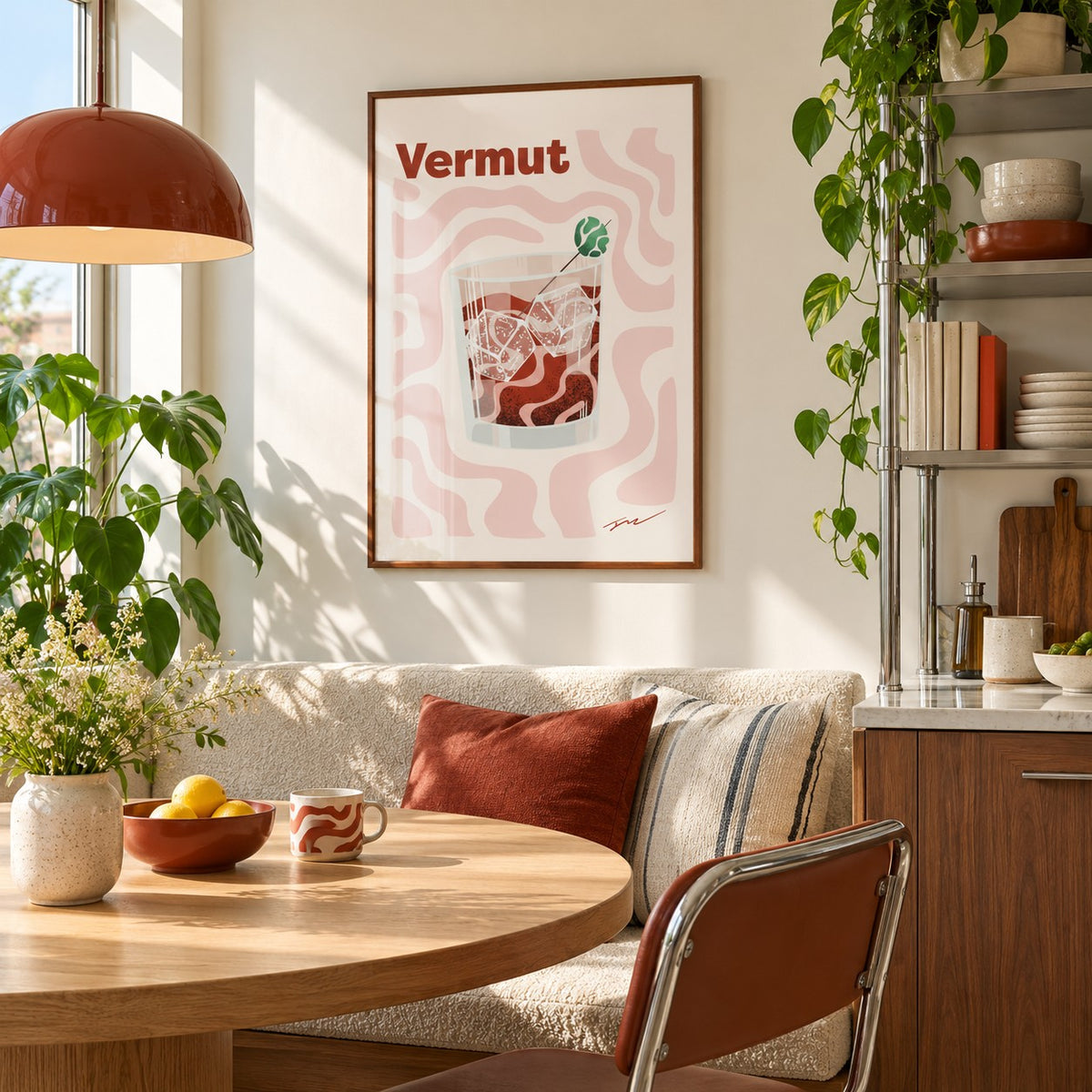 Vermouth Print hung above a breakfast nook in a city apartment kitchen (frame not included)