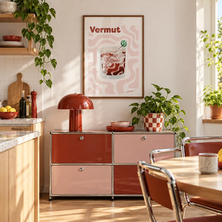 Vermouth Print hung above a retro modular console in a playful kitchen (frame not included)